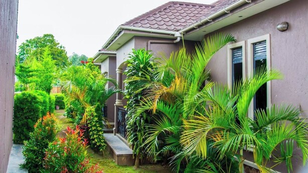 A residential house with a garden, a paved pathway, and a small staircase leading to the entrance. - 10 - Family room at Mufasha Boutique And Suites (Kisoro)