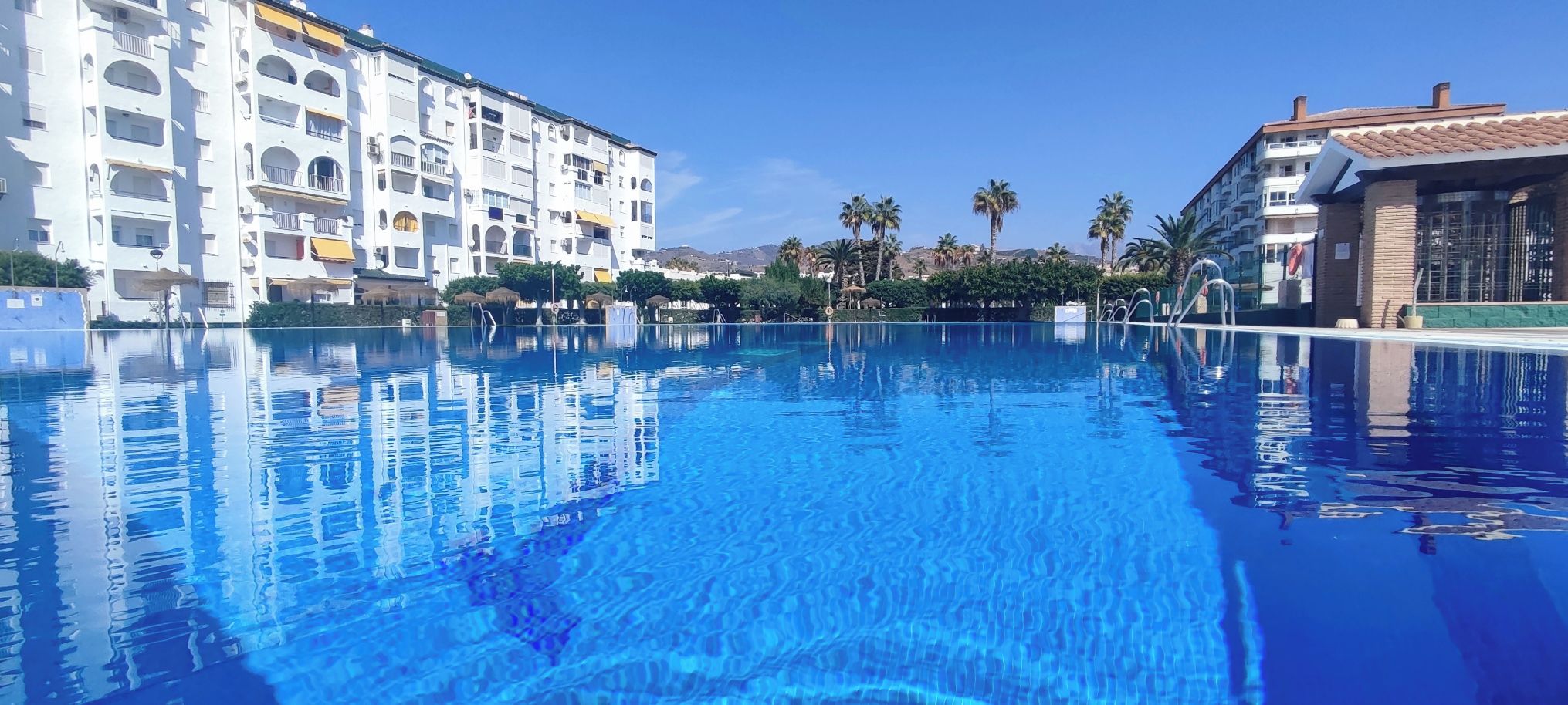 A swimming pool with clear blue water, surrounded by multi-story buildings with balconies.