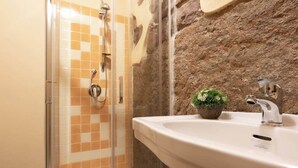Une salle de bain avec une douche, un lavabo et une plante décorative.