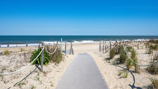 A beach pathway leading to the ocean with a clear sky. - Surfrider F — 70 Steps to the Sand • 3BR/2BA • 2 Balconies • Sleeps 8 (Dewey Beach)