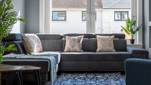 A modern living room with a grey sofa, patterned cushions, a blue rug, and potted plants.