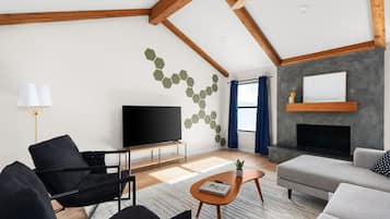 Smart TV, chimenea y libros