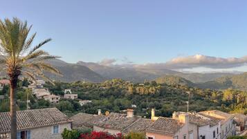 A hillside village with traditional stone buildings, a palm tree, and a view of distant mountains.