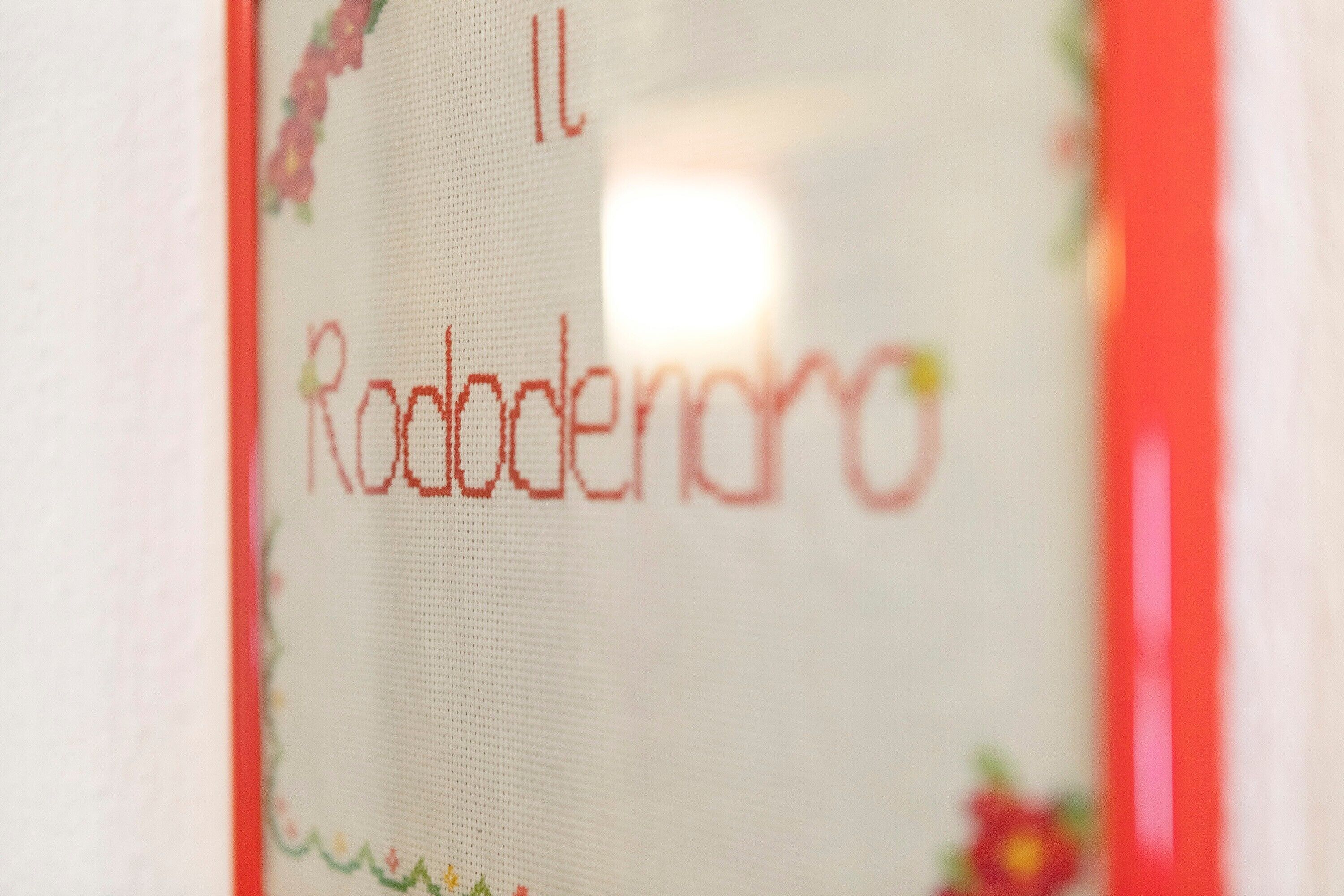 Eine Nahaufnahme einer Kreuzsticharbeit mit dem Schriftzug 'Il Roddenano' auf weißem Stoff.