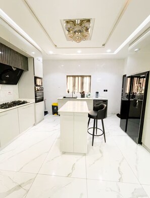 Fridge, microwave, oven, electric kettle