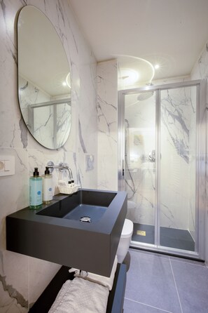 Shower, hair dryer, towels, soap