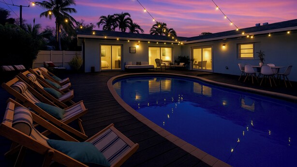 Uma área na beira da piscina com espreguiçadeiras e uma piscina, cercada por uma casa com luzes de corda e palmeiras.