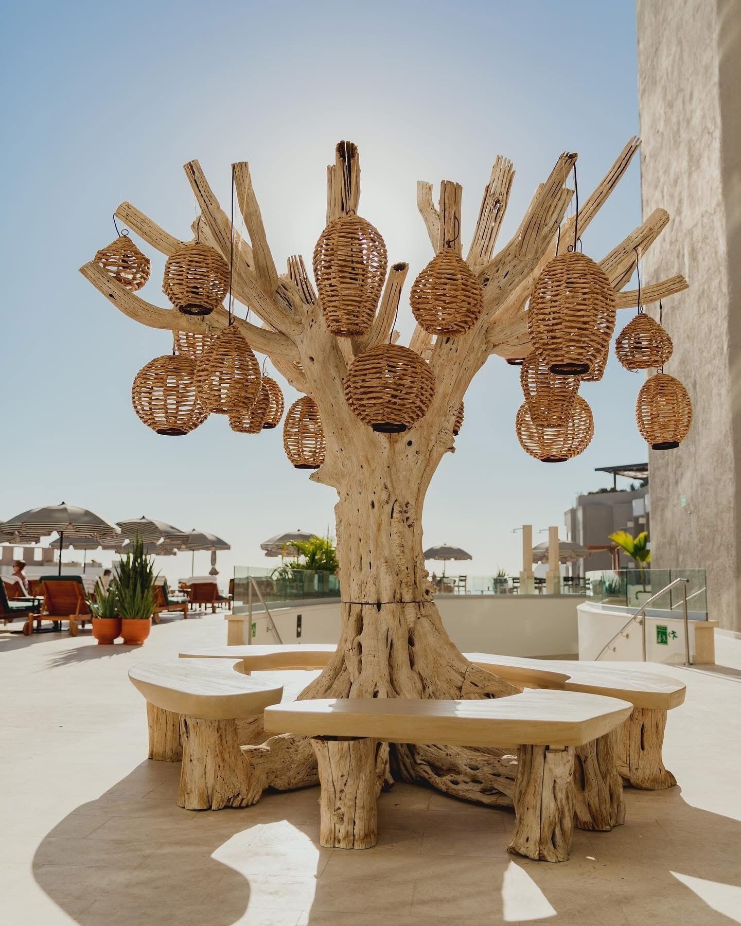 Un'area salotto esterna unica, con una struttura simile a un albero che sorregge lanterne in vimini, circondata da un patio moderno con poltrone relax e ombrelloni.