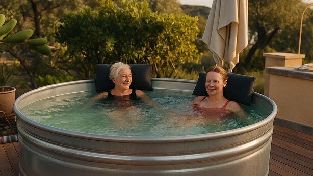 Two people in a hot tub on an outdoor deck with a view of trees and a building in the background. - OLD RENOVATED COTTAGE NESTLED IN THE COUNTRYSIDE WITH GARDEN/RELAXATION CORNER (Adrano)