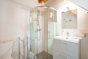 Shower, hair dryer, towels - Gîte L'Etable - Les Gites Du Moulin: Private Terrace, Garden & Wi-Fi in Saint-Hilaire-la-Palud (Saint-Hilaire-la-Palud)