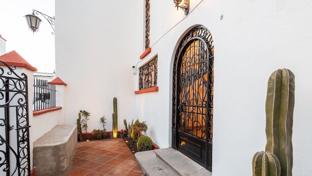 Un estrecho patio con suelo de baldosas, una reja de hierro forjado, una puerta negra grande con detalles de metalurgia y una planta de cactus.