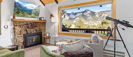 TV connectée, cheminée, livres