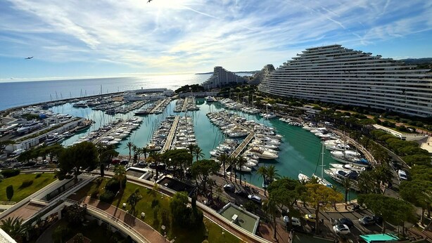 A marina with numerous boats docked, a large cruise ship, and a modern hotel with multiple balconies. - 06DJ - Apartment with sea view for 4 people - terrace (Villeneuve-Loubet)