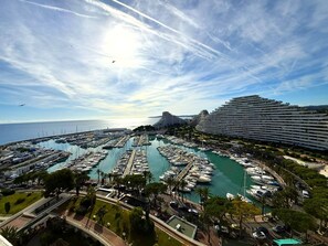 A marina with numerous boats docked, a large cruise ship, and a modern hotel with multiple balconies. - 06DJ - Apartment with sea view for 4 people - terrace (Villeneuve-Loubet)