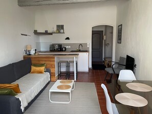 Een ruimtelijk ingerichte woonruimte met een kitchenette, een bank, een eettafel en een stoel.