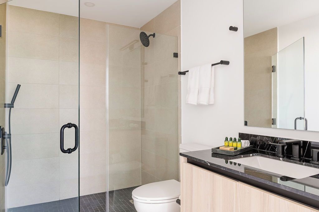 A modern bathroom with a glass-enclosed shower, a white toilet, a black countertop with a sink, and a mirror above the sink.