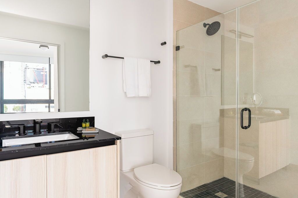 A modern bathroom with a glass shower enclosure, a white toilet, and a black countertop with a sink.