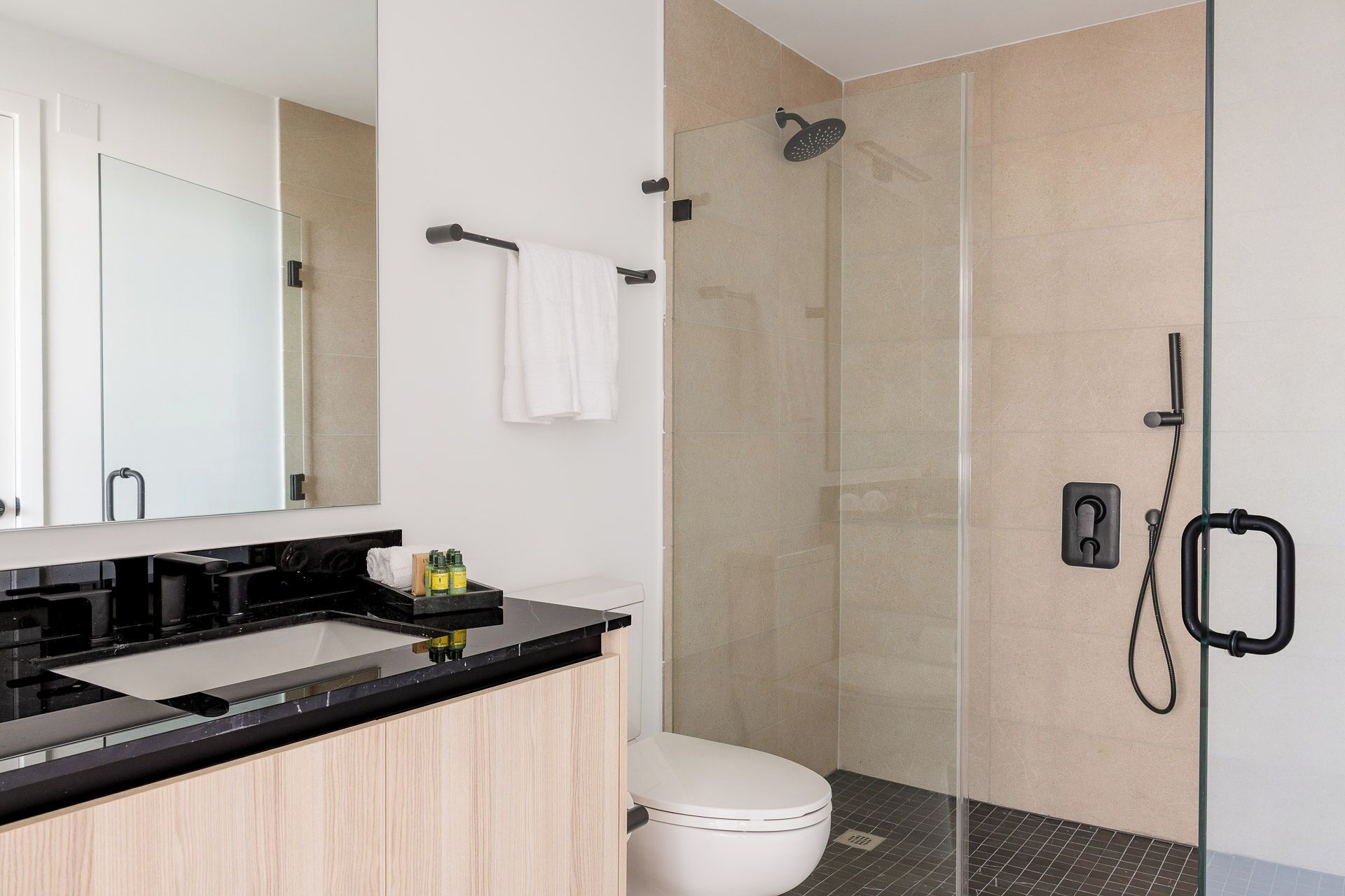 A modern bathroom with a glass-enclosed shower, a black sink, and a white toilet.