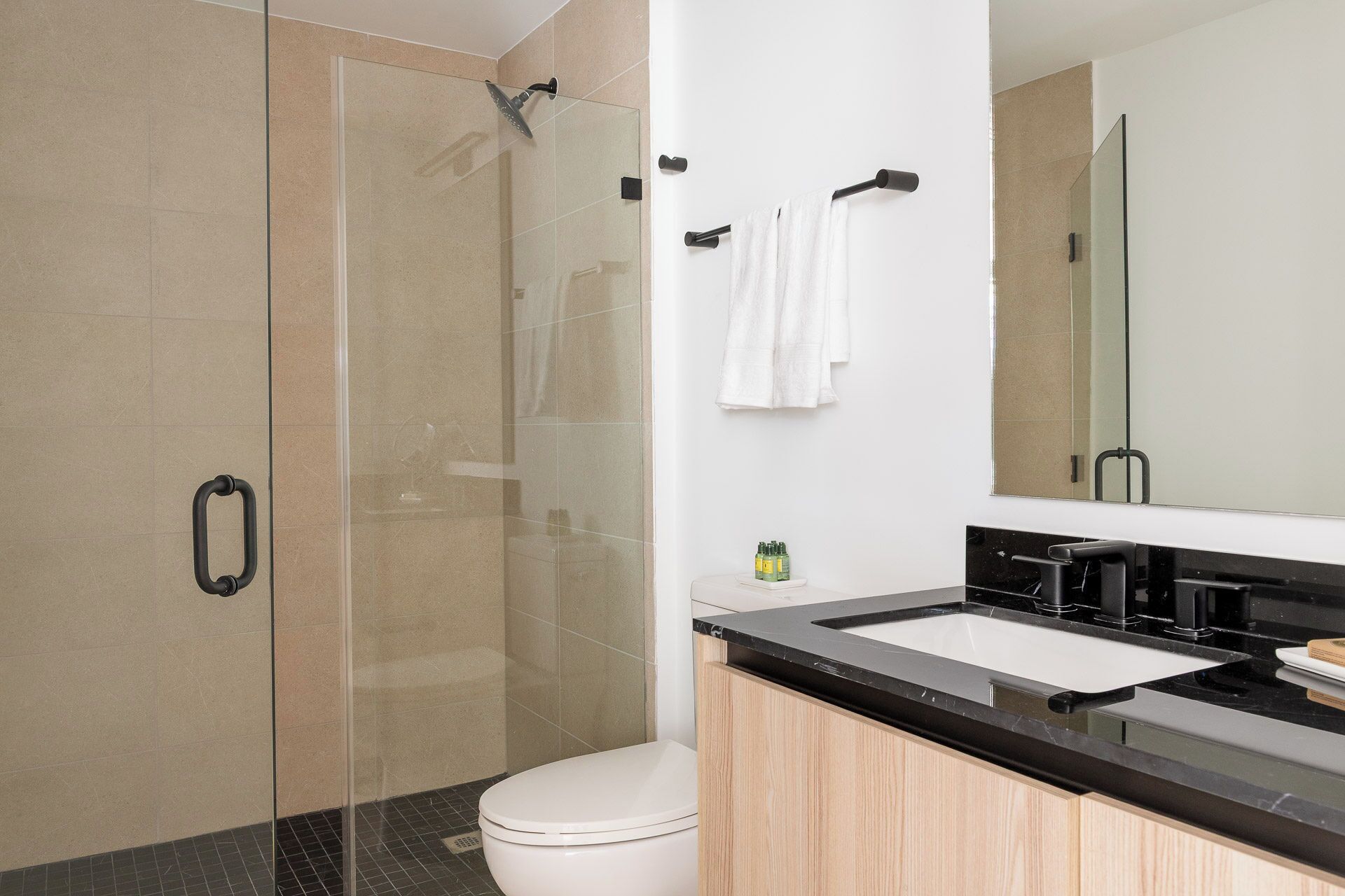 Une salle de bain moderne avec une douche à parois de verre, des toilettes blanches, un plan de toilette noir avec un lavabo et un miroir.