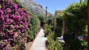 A narrow pathway flanked by lush greenery and vibrant flowers, leading to a building with a tiled roof. - Barbati Beach - Villa Lefkada (Barbati)