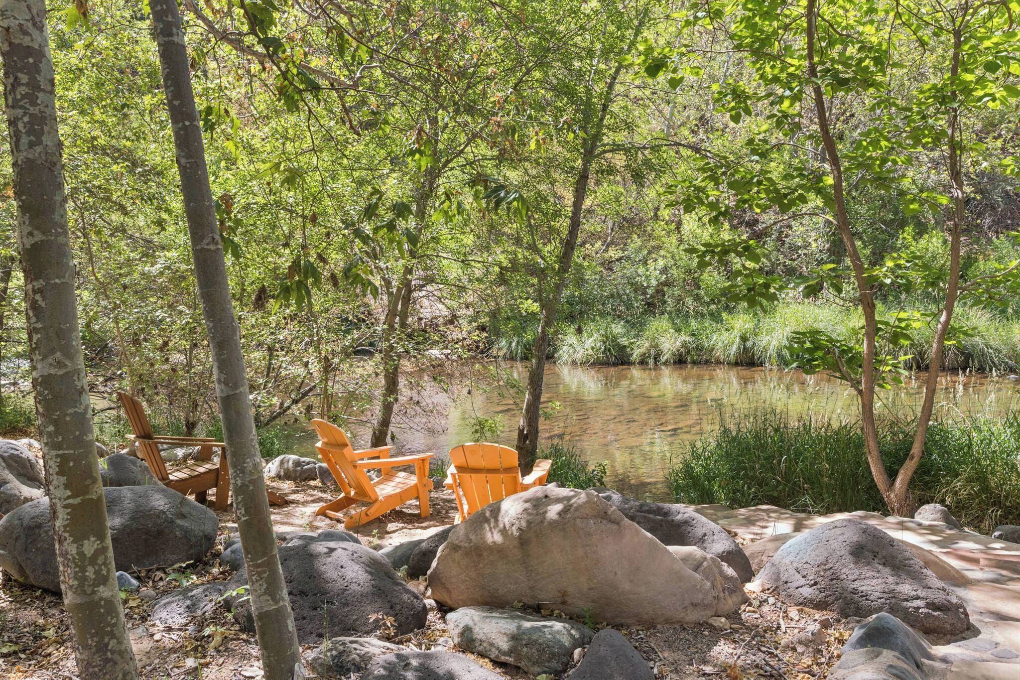 A natural setting with a pond, trees, and outdoor seating.