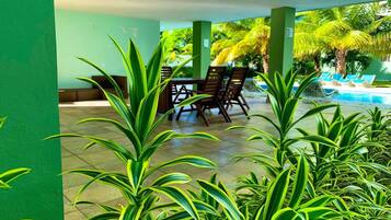 A covered outdoor area with a pool, green walls, and tropical plants.