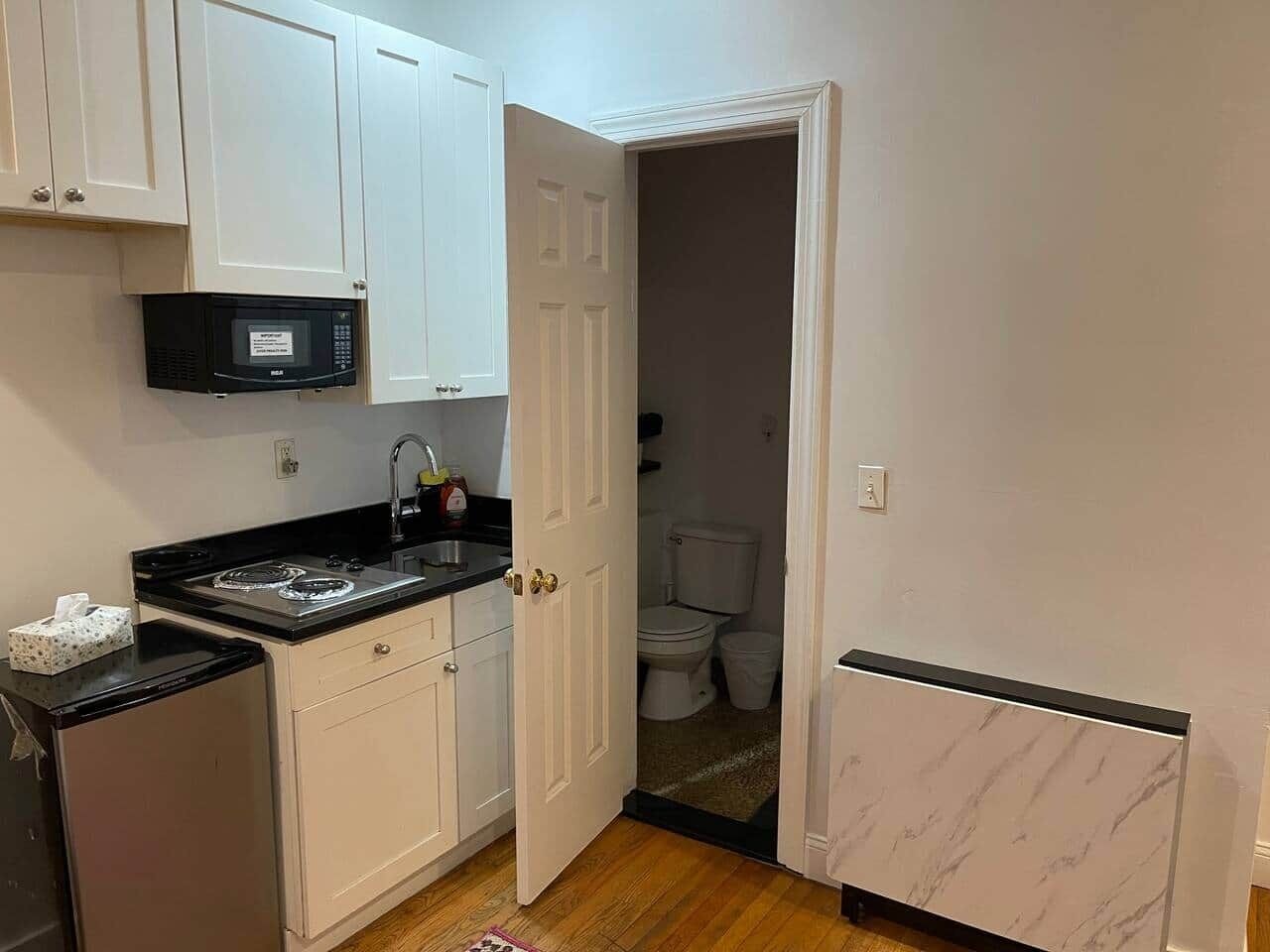 Fridge, microwave, cookware/dishes/utensils