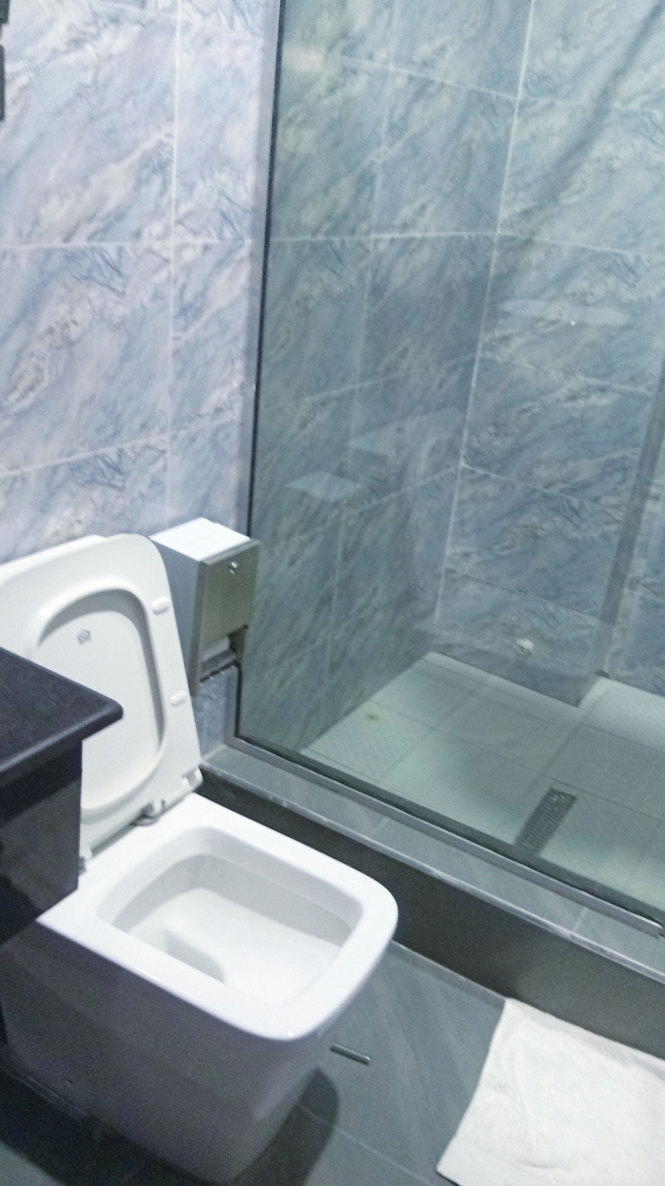 Un baño con inodoro, cabina de ducha de vidrio y paredes de mármol.