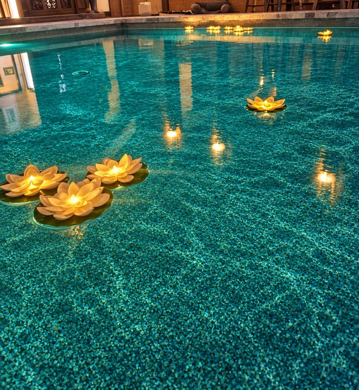 Uma piscina azul límpida com flores de lótus flutuando na superfície.