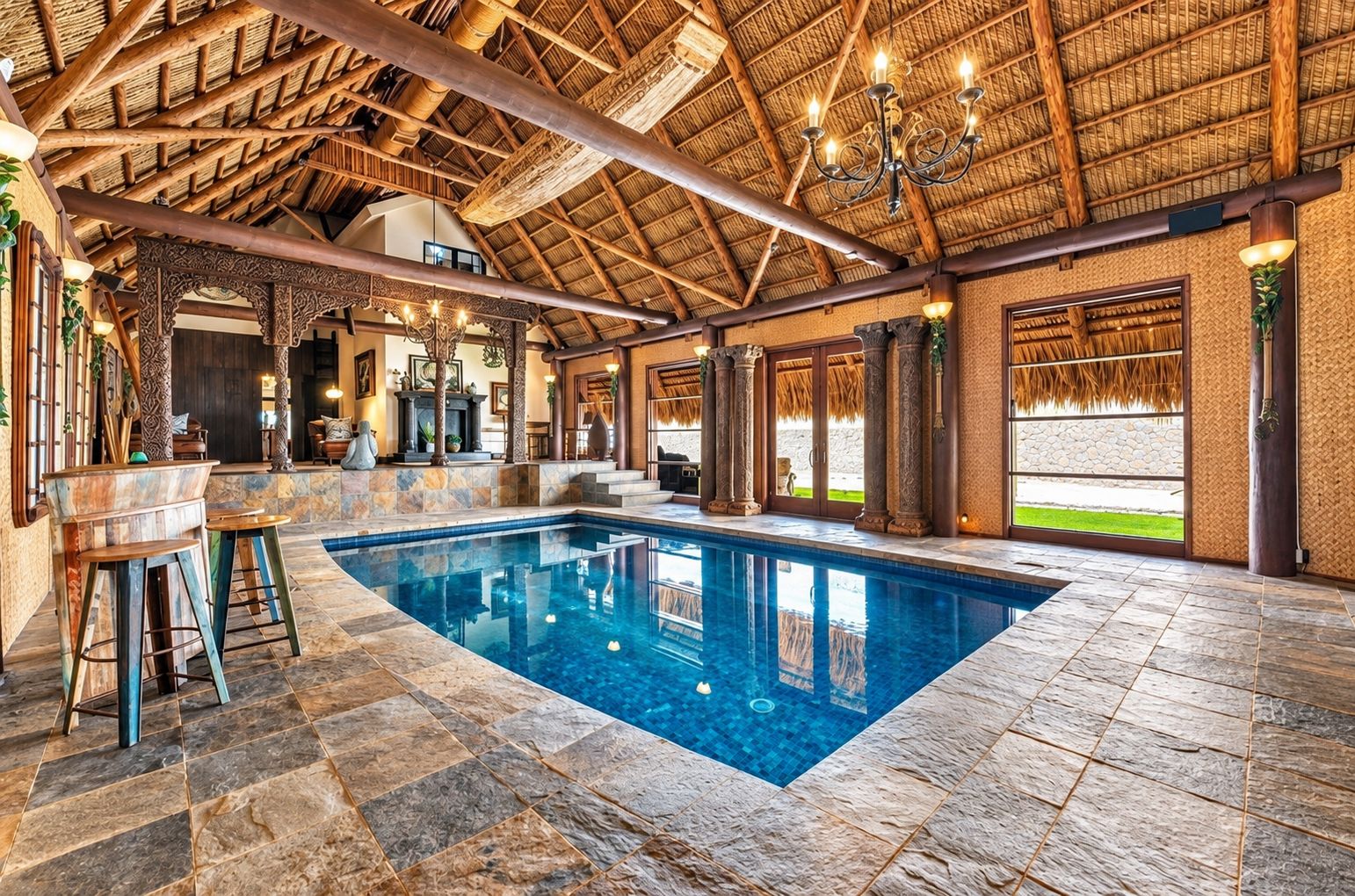 Un espace piscine doté d’un sol en pierre, de poutres en bois et d’un toit de chaume.
