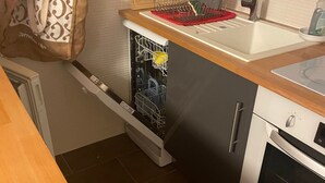 A compact kitchen with a dishwasher, a sink, and a built-in oven. - Pra-Loup 1600 - T2 Apartment for 6, central location, near slopes (Pra-Loup)