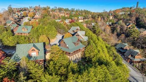 Eine Gruppe von Blockhaussiedlungen, umgeben von dichtem Wald, mit einer klaren Straße im Vordergrund.