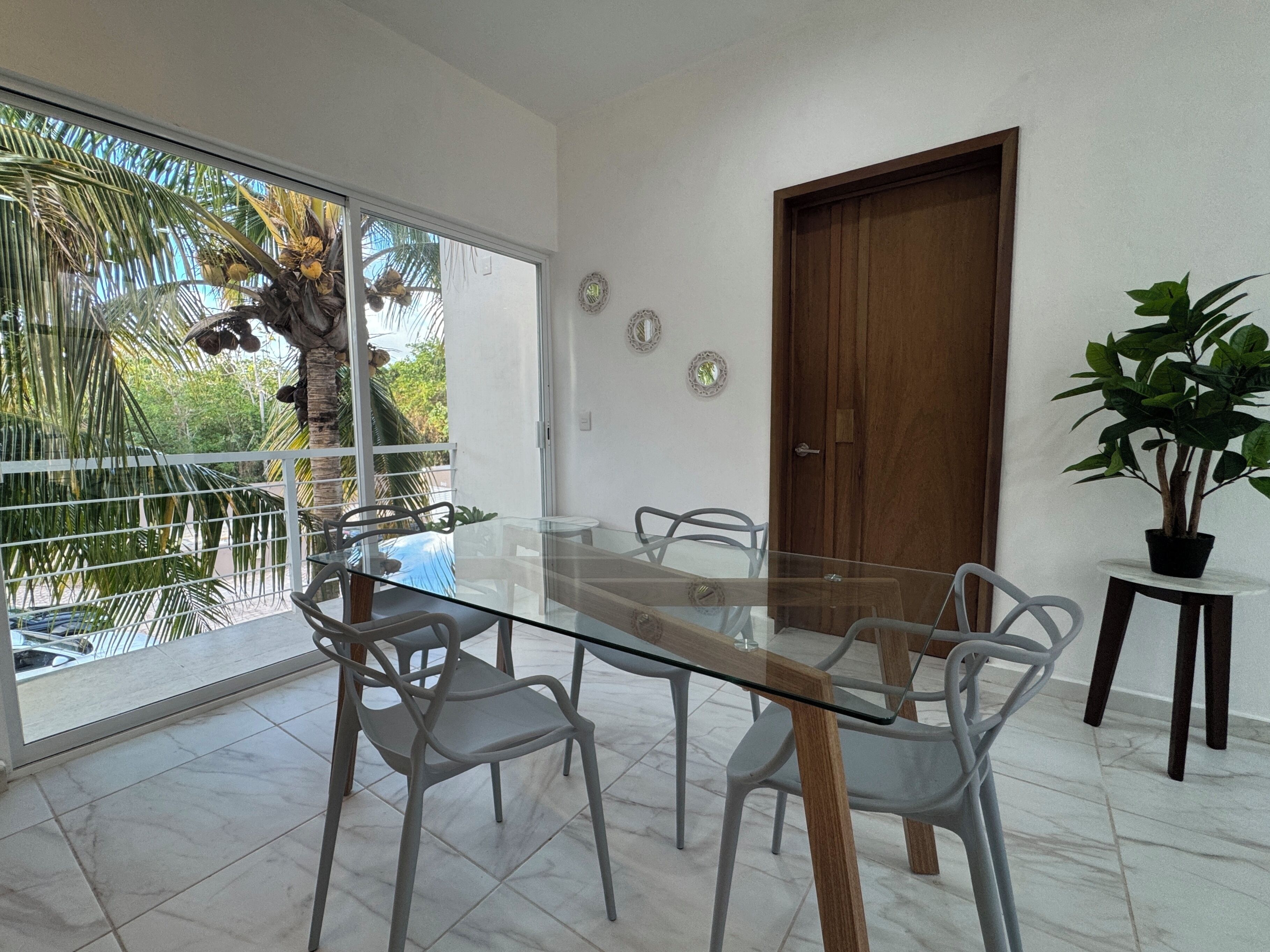 Un coin repas avec une table et des chaises en verre, une porte en bois et une plante en pot.