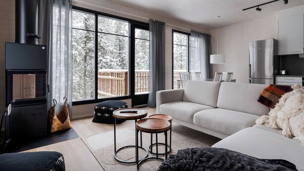 En moderne stue med pejs, store vinduer, sofa og spiseplads.