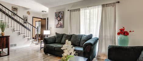 TV, fireplace, books, computer monitors