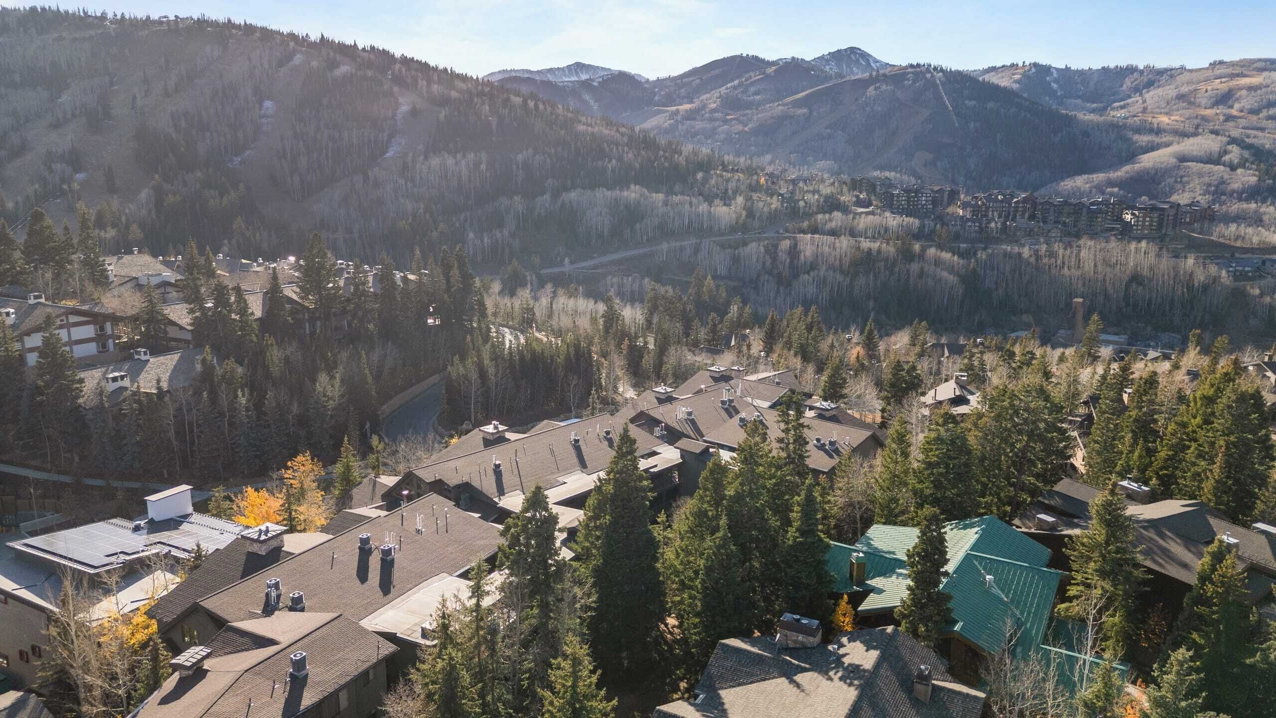 A residential area with houses and a mountain backdrop.