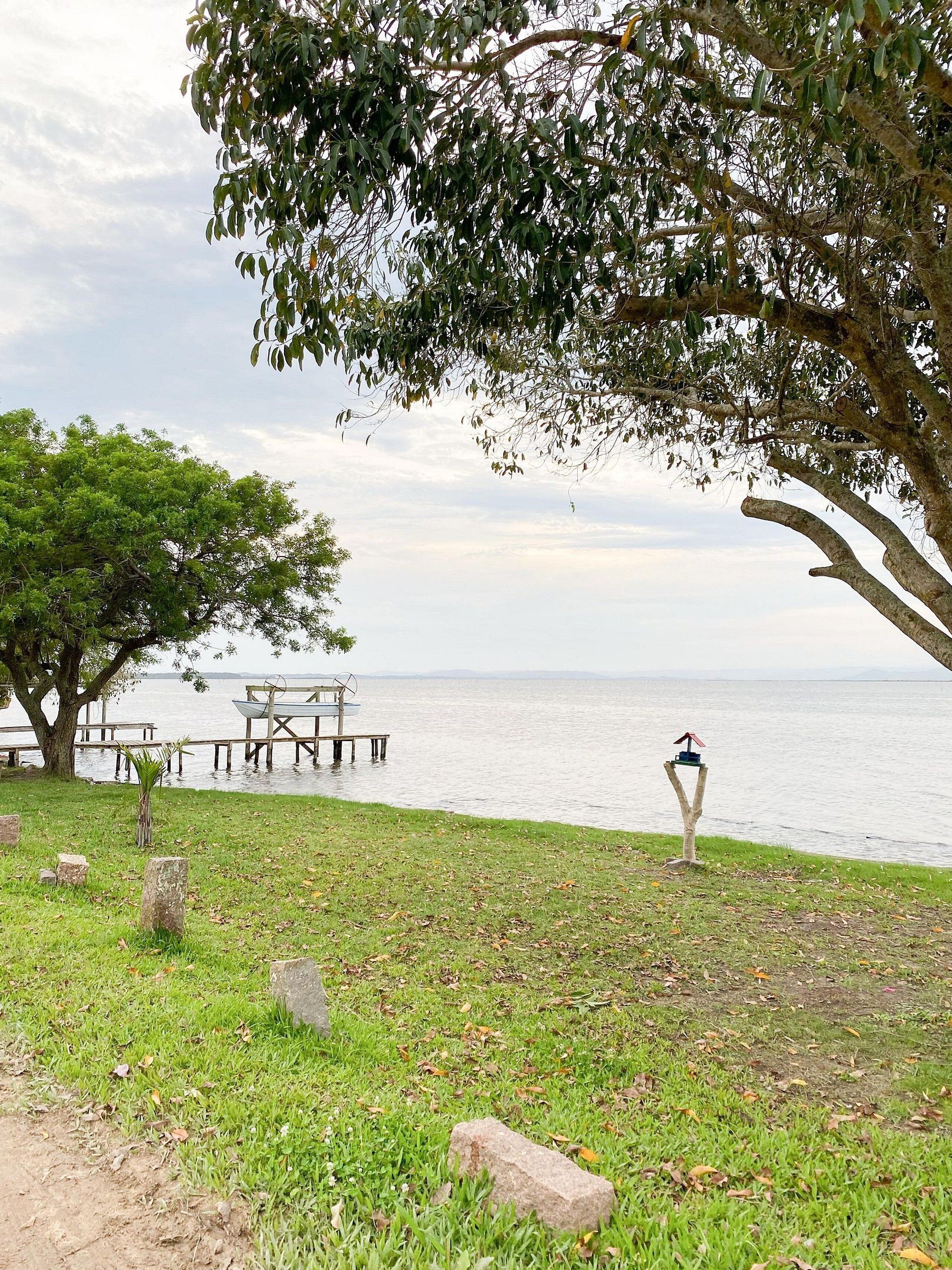 A lakeside park with picnic tables, a small kiosk, and a tree providing shade.
