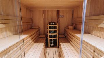 A sauna with wooden benches and a central heater.