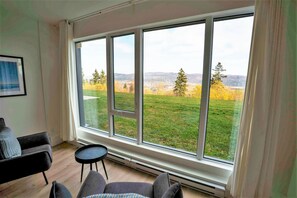 Ein Zimmer mit großem Fenster, einer Couch, einem kleinen Tisch und einer Heizung.