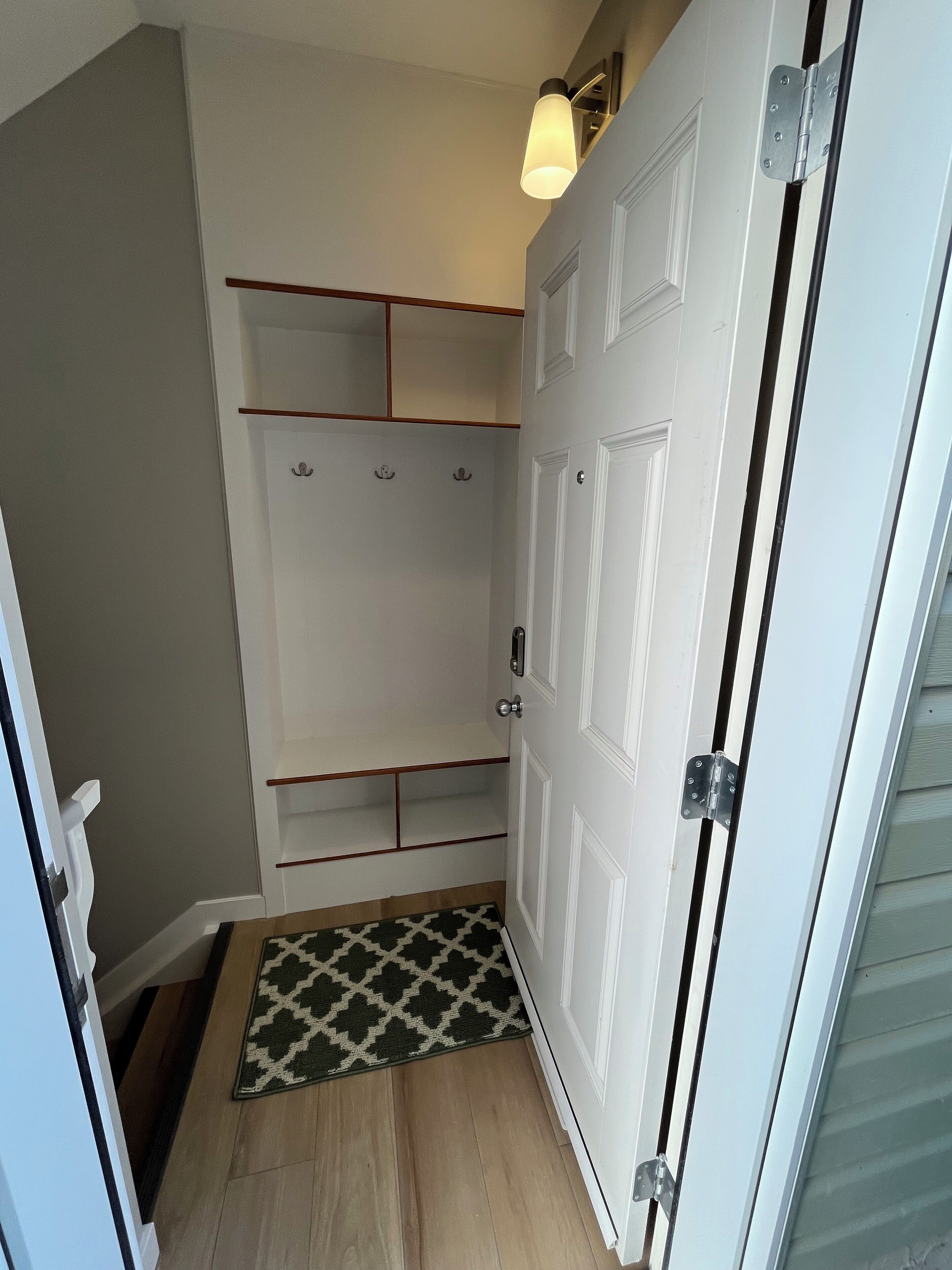 Un dressing accessible par une porte, avec un luminaire au plafond et un tapis à motifs à l’entrée.