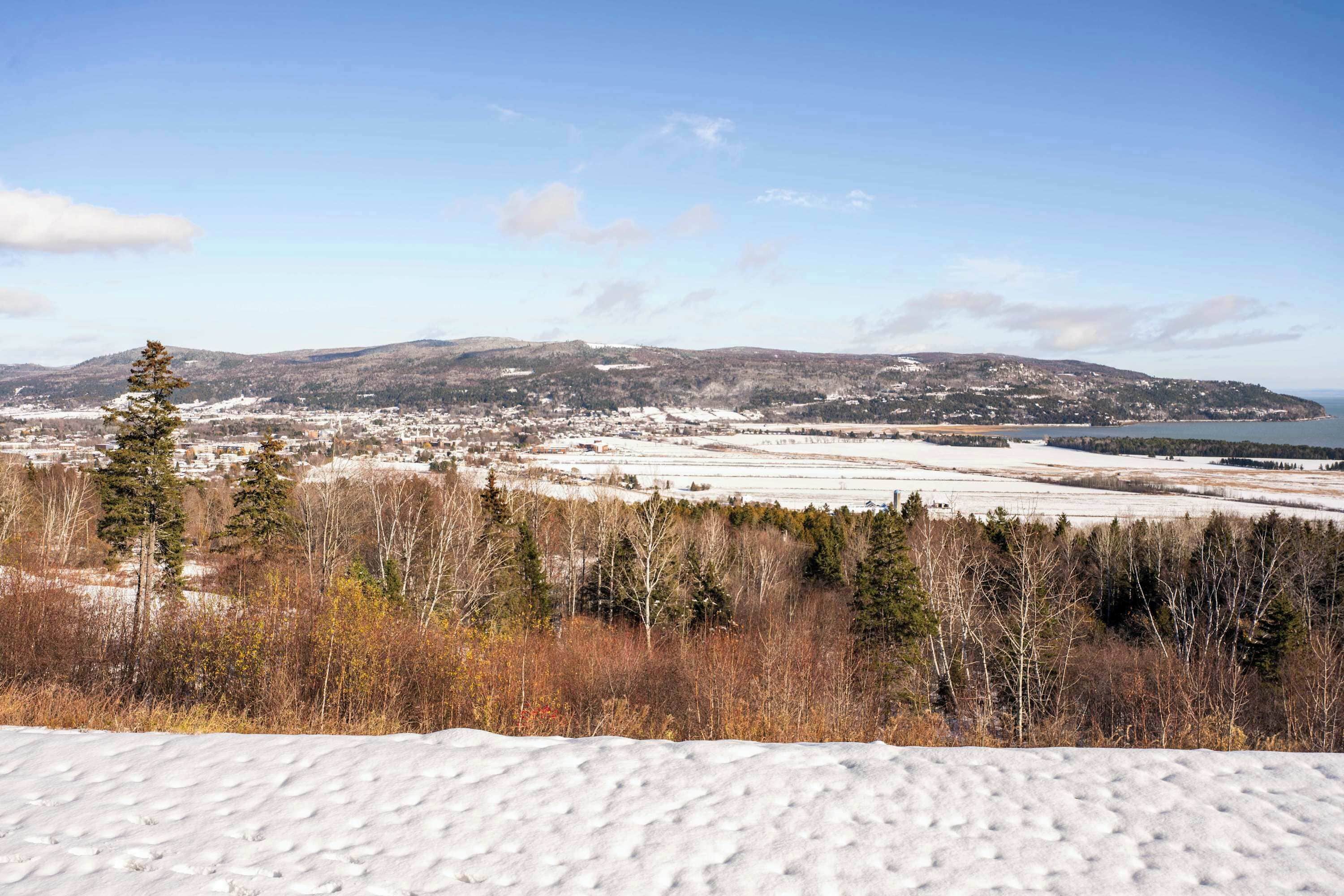 Un paysage enneigé avec une ville en arrière-plan, une forêt au premier plan et un ciel dégagé.