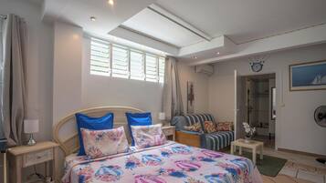 1 bedroom, desk, iron/ironing board, travel cot