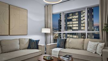 Deluxe-lejlighed - balkon - byudsigt | Opholdsområde