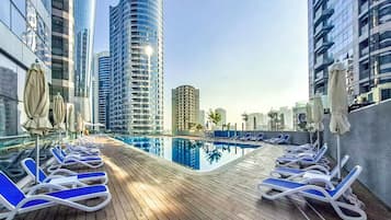 Outdoor pool, pool umbrellas, pool loungers