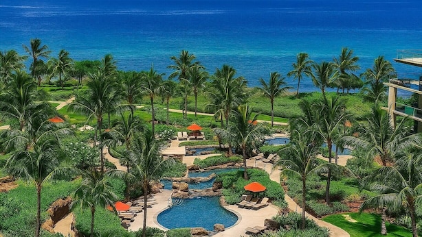 Ein Resort mit Pool, Palmen und Meerblick.