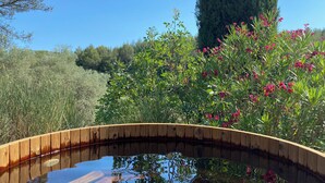 A wooden bridge over a reflective water body, surrounded by lush greenery and flowering plants. - Mas Tihou charming Provencal estate✨& Nordic bath 🫧 (Le Beausset)