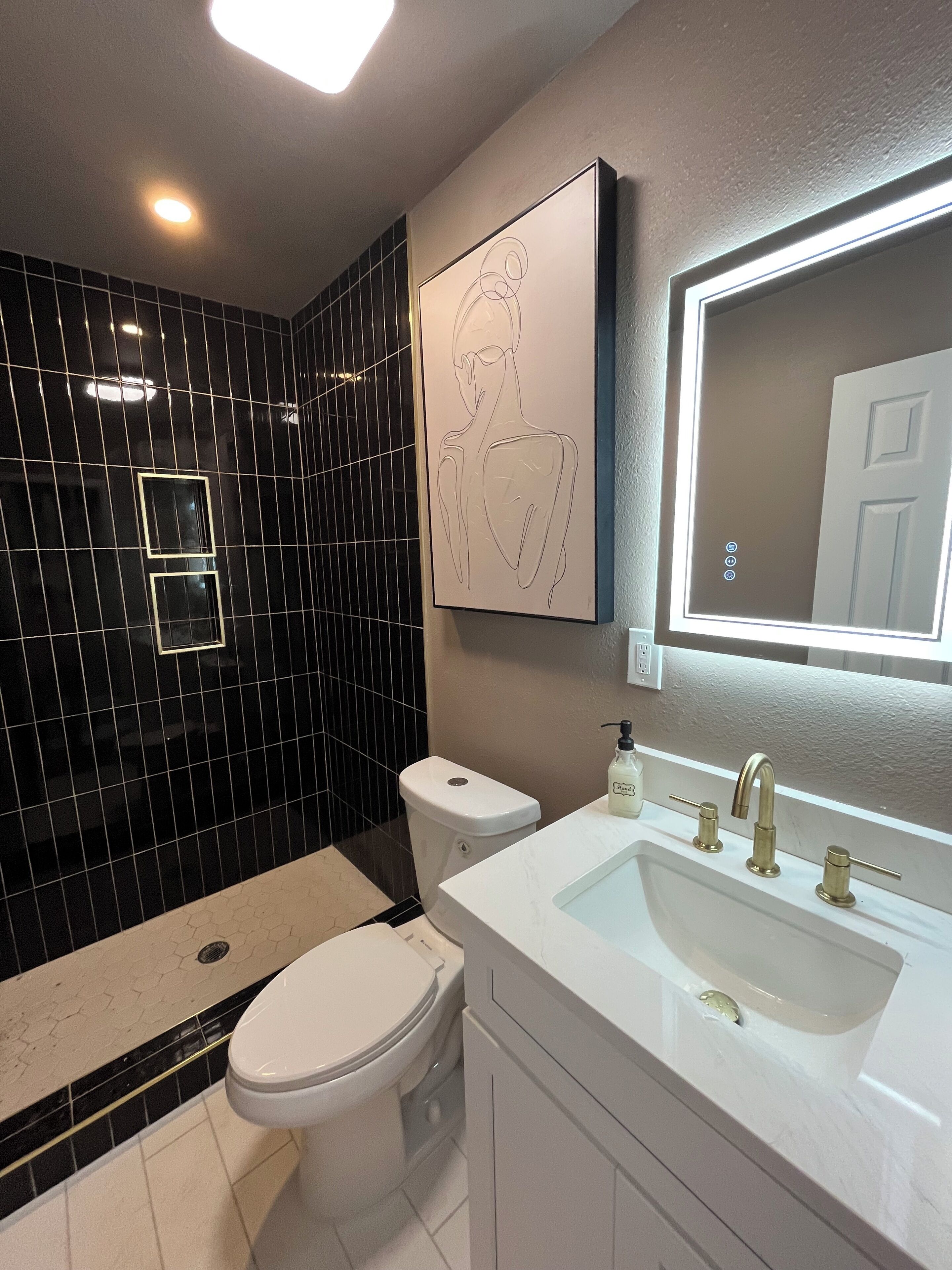 Hair dryer, towels, soap, toilet paper