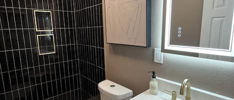 Hair dryer, towels, soap, toilet paper