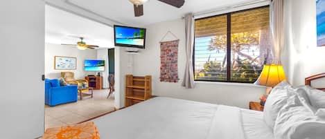 Une chambre d’hôtel équipée d’un lit, d’une télévision, d’un ventilateur de plafond, d’une fenêtre avec des rideaux et offrant une vue sur l’extérieur.