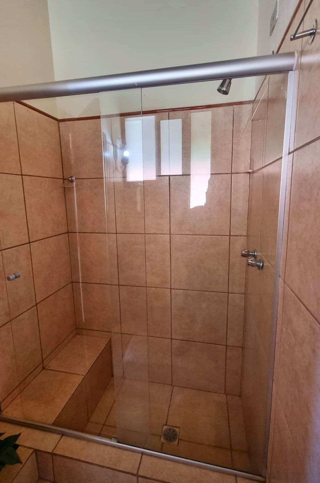 A shower with a glass door, tiled walls, and a metal shower head.